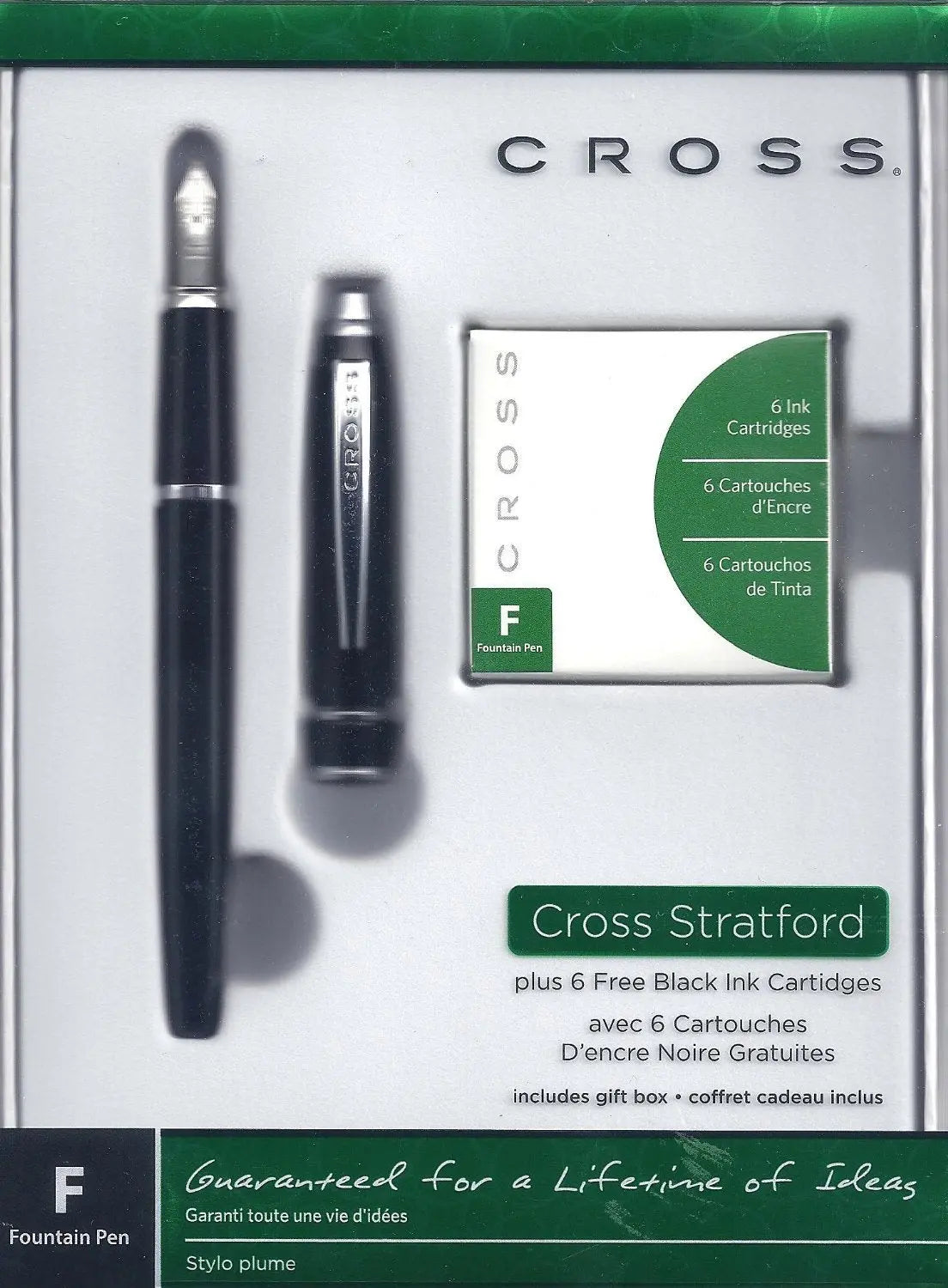 Cross Stratford Fountain Pen. Black Lacquer with 6 Cartridges Cross