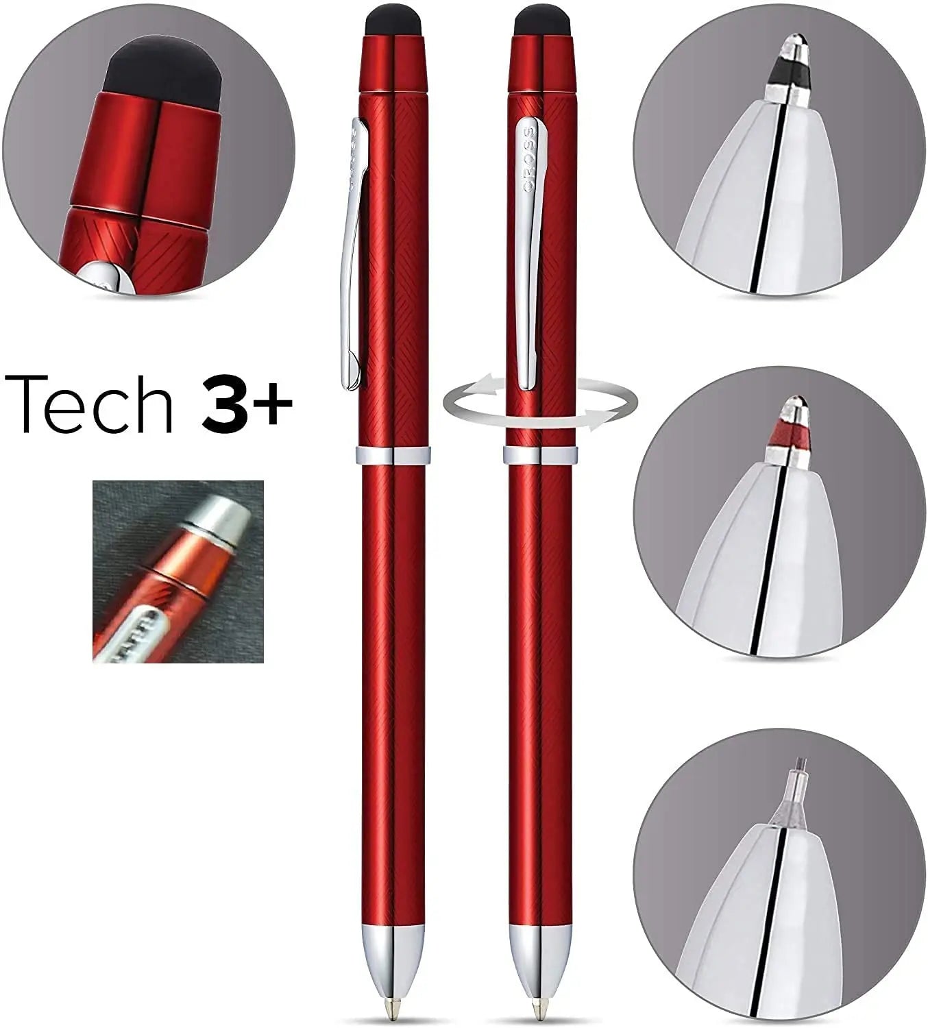 Cross Tech3 with Sophisticated Herringbone-patterned red Barrel and interchangeable cap tops, Multi-function Pen - 0.5 MM Lead Size Pencil, Black Ink Refill, and Red Ink Refill in One Pen. Cross