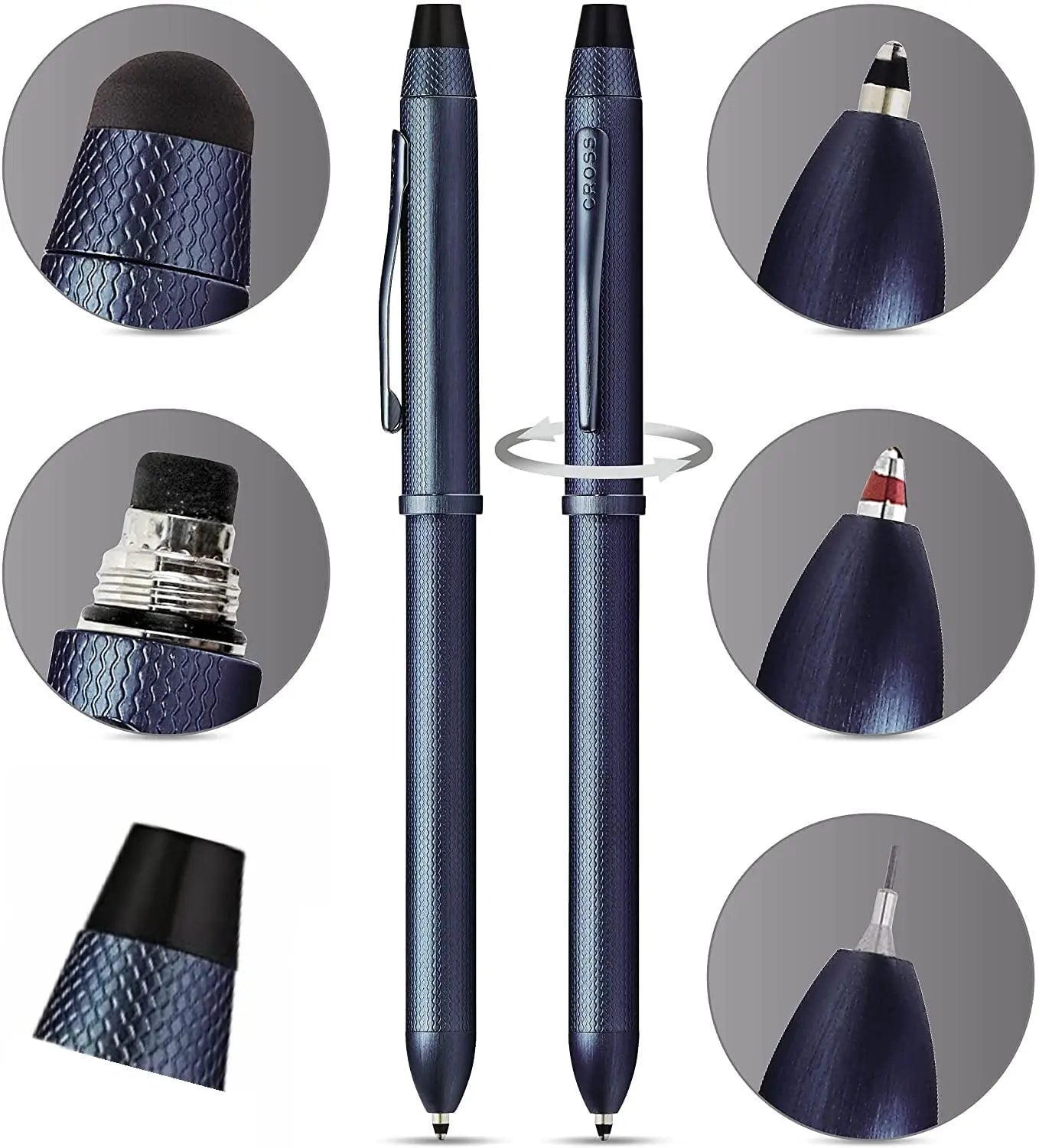 Cross Tech3+ with Sophisticated Brushed Dark Blue diamond pattern finish Barrel & interchangeable cap tops, Multi-function Pen - 0.5 MM Lead Pencil, Black Ink Refill & Red Ink Refill in One Pen. Cross