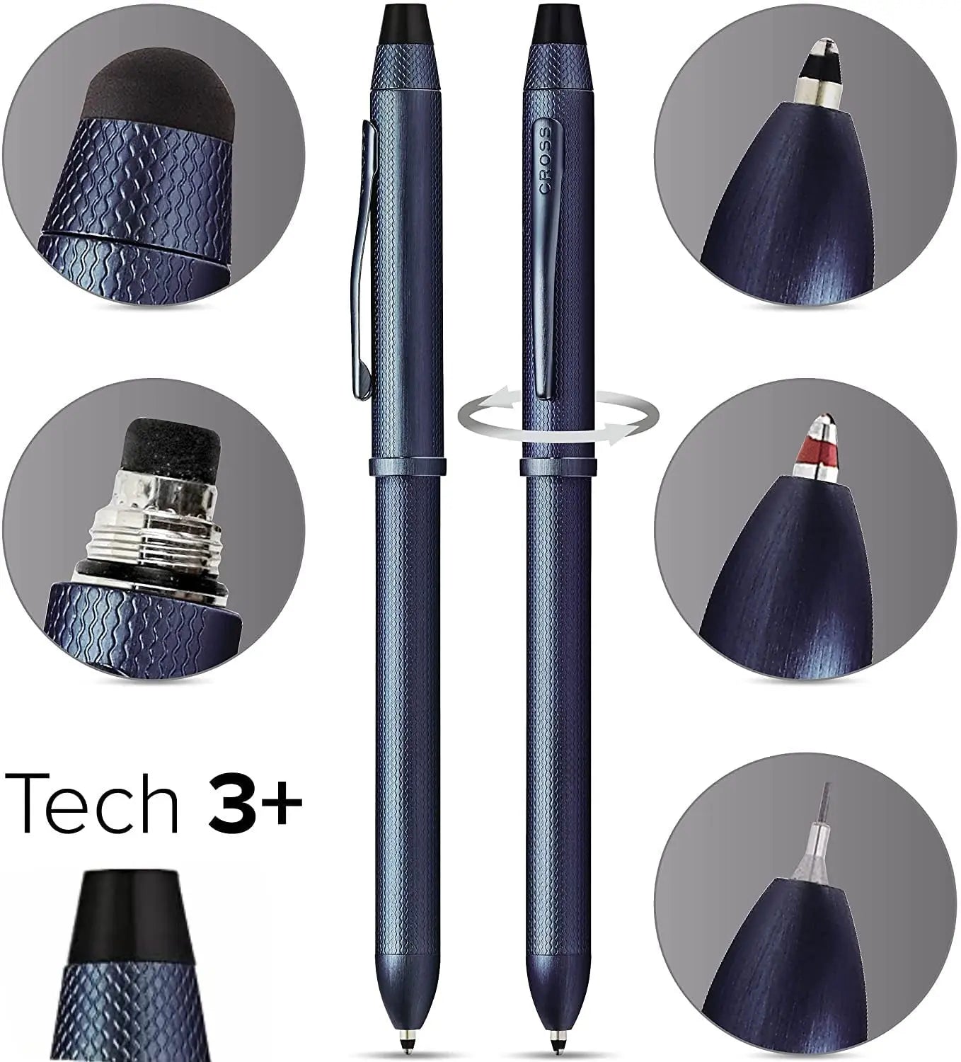 Cross Tech3+ with Sophisticated Brushed Dark Blue diamond pattern finish Barrel & interchangeable cap tops, Multi-function Pen - 0.5 MM Lead Pencil, Black Ink Refill & Red Ink Refill in One Pen. Cross