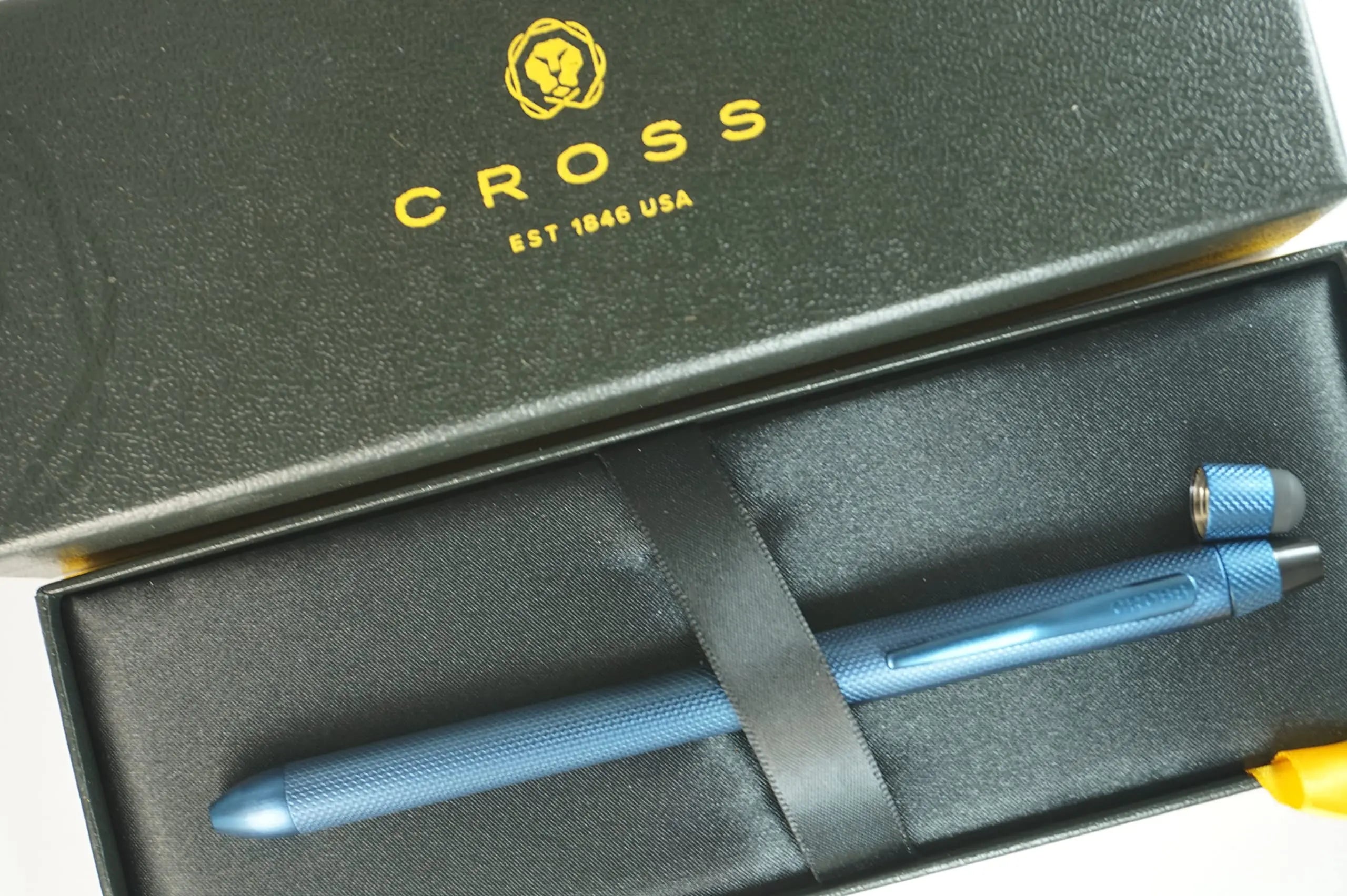 Cross Tech3+ with Sophisticated Brushed Dark Blue diamond pattern finish Barrel & interchangeable cap tops, Multi-function Pen - 0.5 MM Lead Pencil, Black Ink Refill & Red Ink Refill in One Pen. Cross