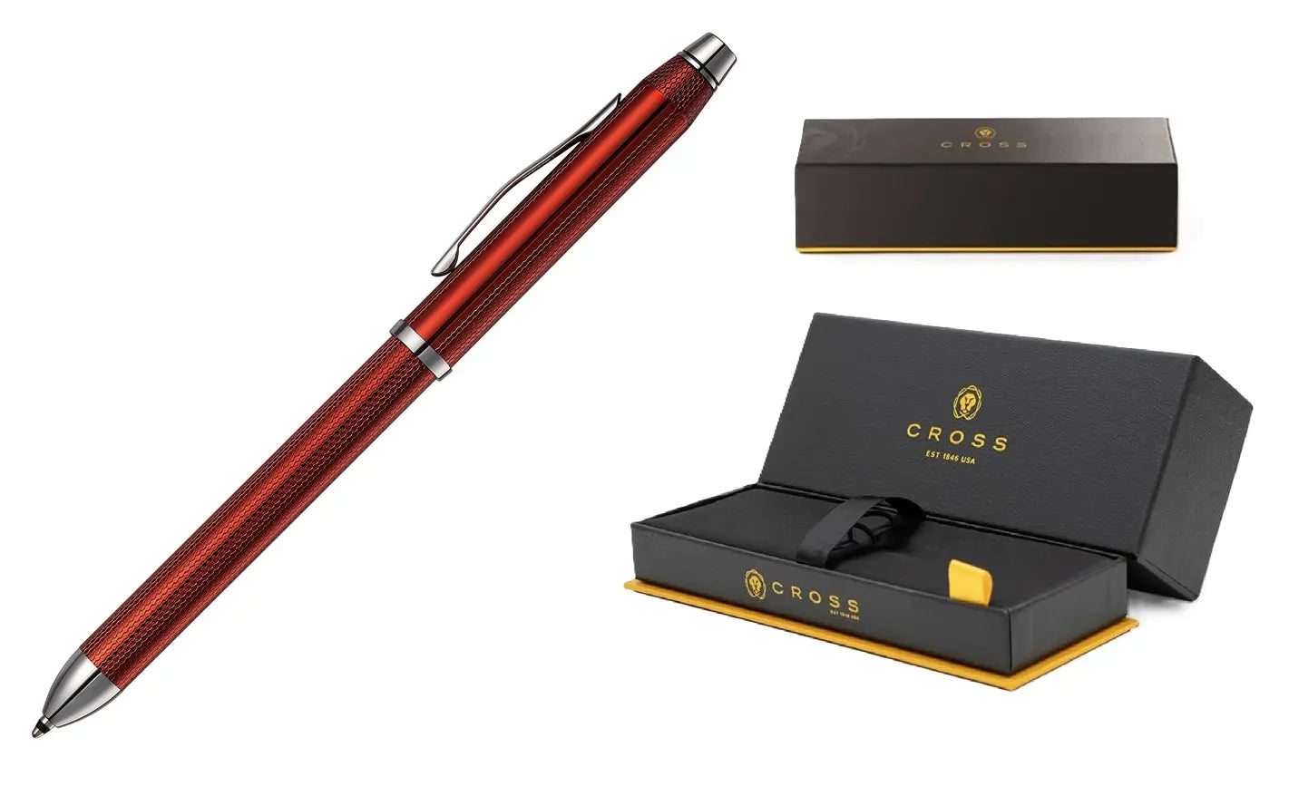 Cross Tech3+ with Sophisticated Brushed diamond pattern finish Barrel & interchangeable cap tops, Multi-function Pen - 0.5 MM Lead Pencil, Black & Red Ink Refills in One Pen. Cross