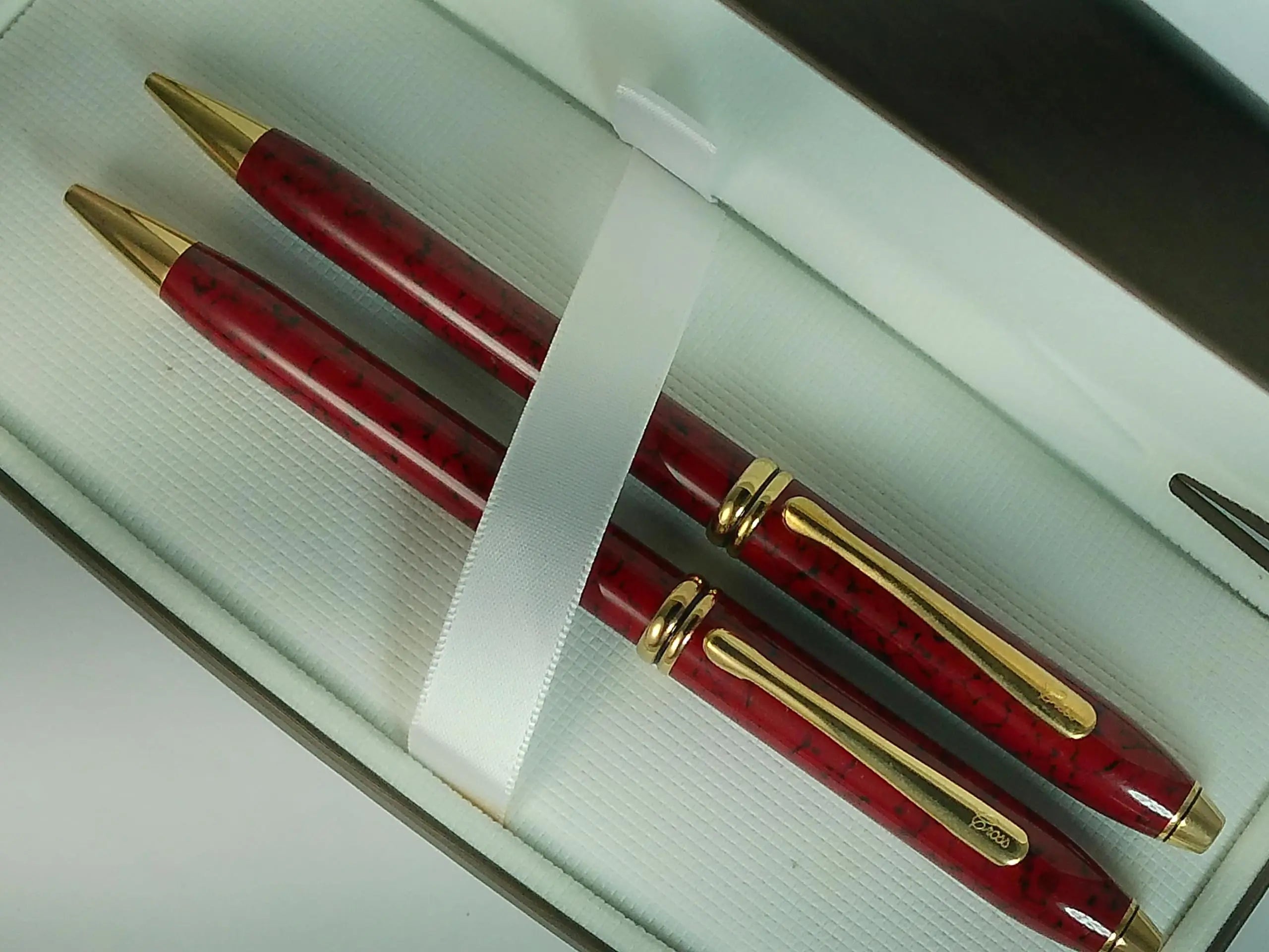 Cross Townsend Cardinal Red Marble and 23KT Gold Ballpoint Pen and 0.5MM Pencil Set, Made in Lincoln, USA Cross