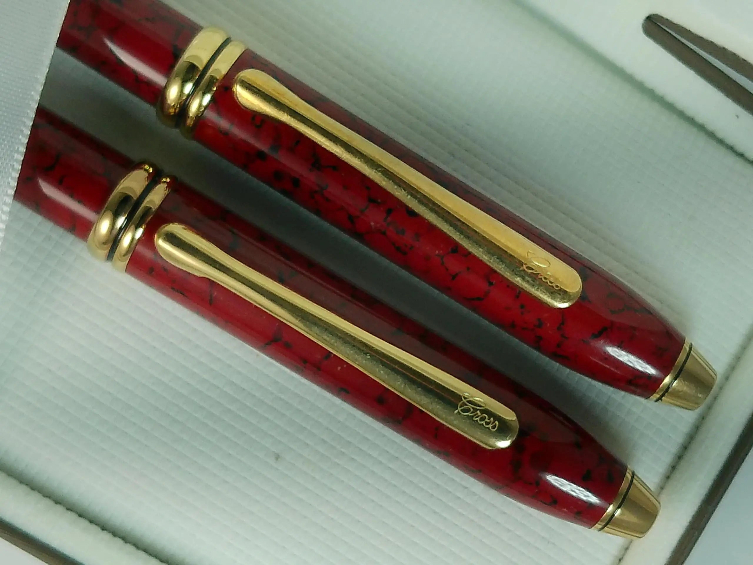 Cross Townsend Cardinal Red Marble and 23KT Gold Ballpoint Pen and 0.5MM Pencil Set, Made in Lincoln, USA Cross