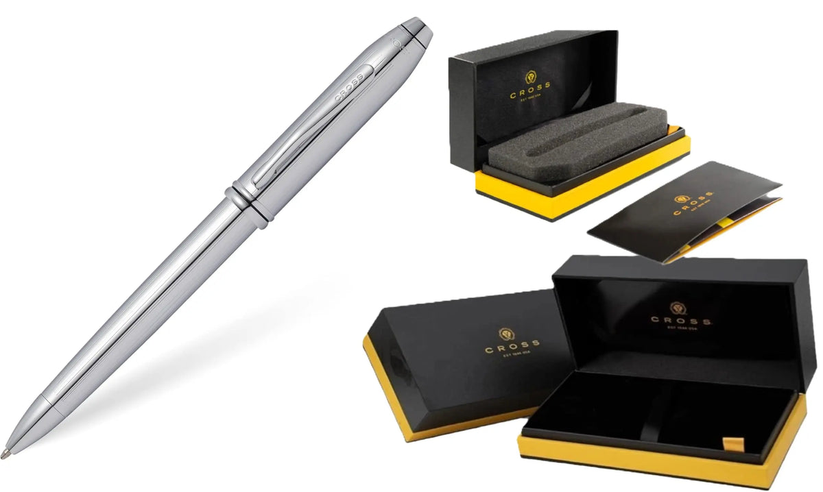 Cross Townsend Refillable Ballpoint Pen, Medium Point, Black Ink, Polished Lustrous Chrome Barrel with incise lines, Luxury Gift Box cross