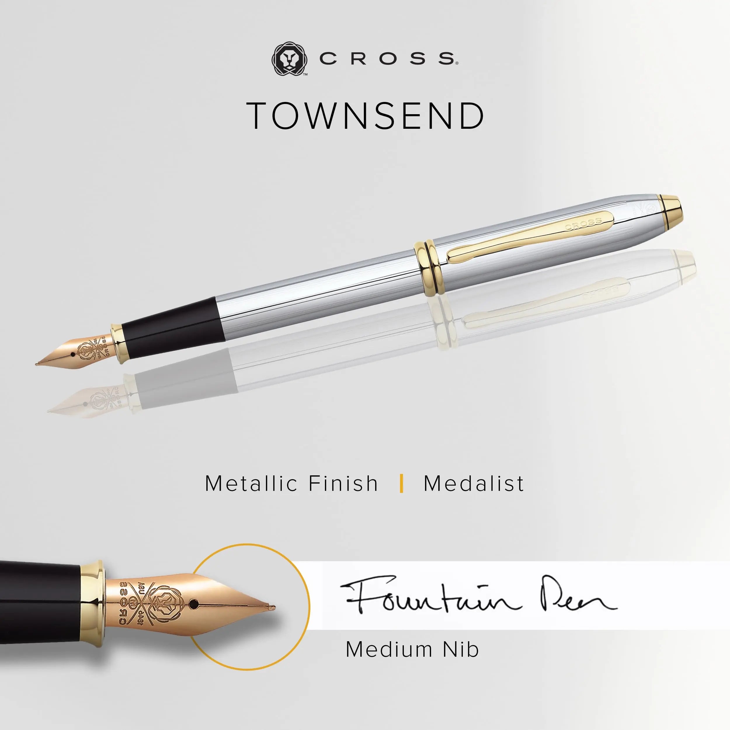 Cross Townsend Refillable Fountain Presented in a Luxury Gift Box - Medium Point, Black Ink, Medalist Cross