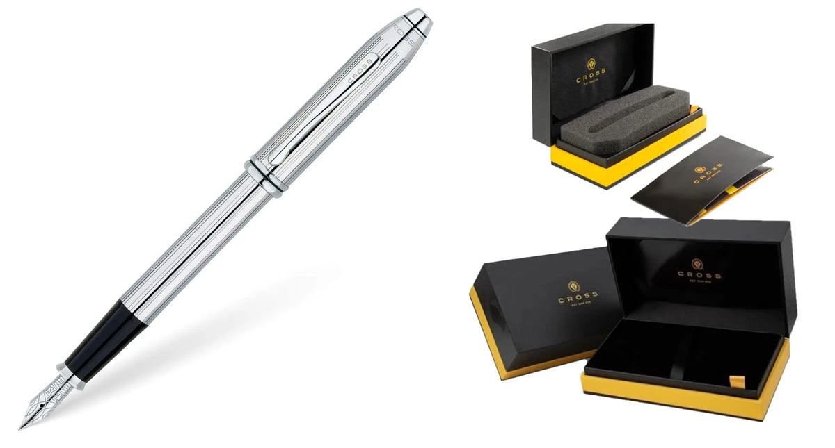 Cross Townsend Refillable signature parrallel Incise Lines Fountain Pen - Medium Point, Black Ink, Lustrous Chrome -Presented in a Luxury Gift Box cross