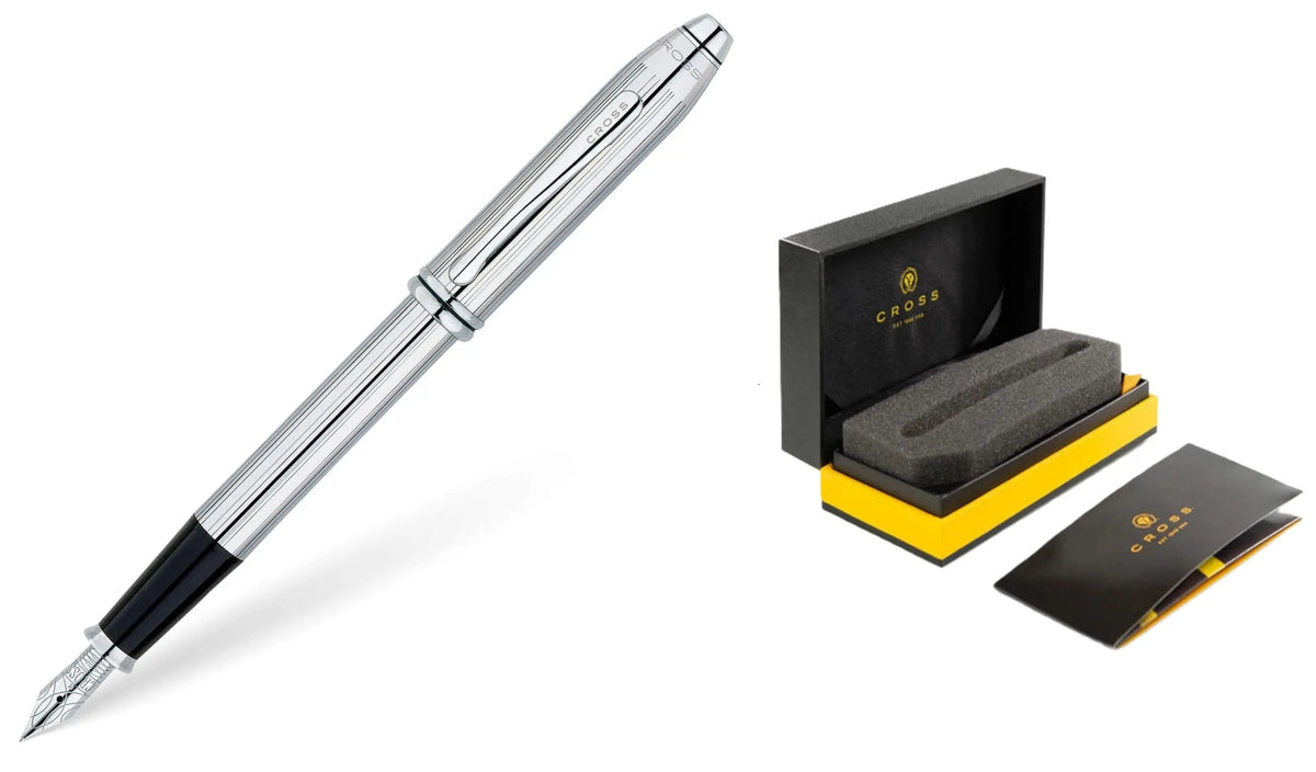 Cross Townsend Refillable signature parrallel Incise Lines Fountain Pen - Medium Point, Black Ink, Lustrous Chrome -Presented in a Luxury Gift Box cross