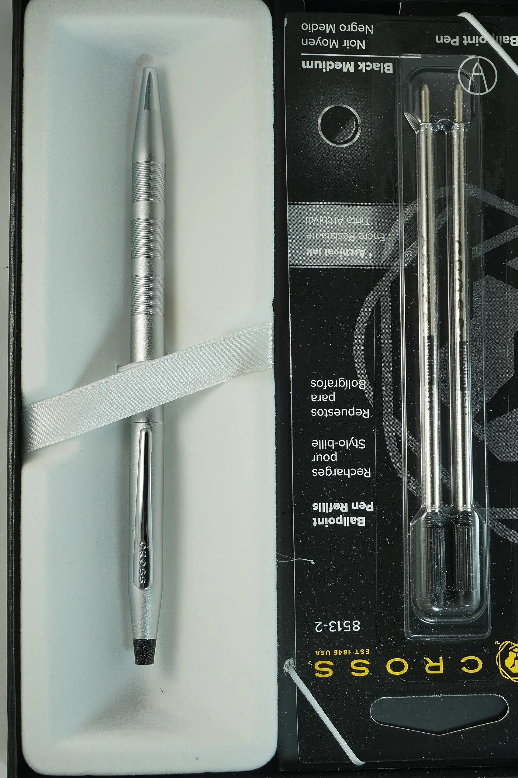 Cross century Classic Satin Barrel with diamond cut engraved detailing grip Ballpoint pen and with Two Bonus Refills in Corporate Gift box Cross