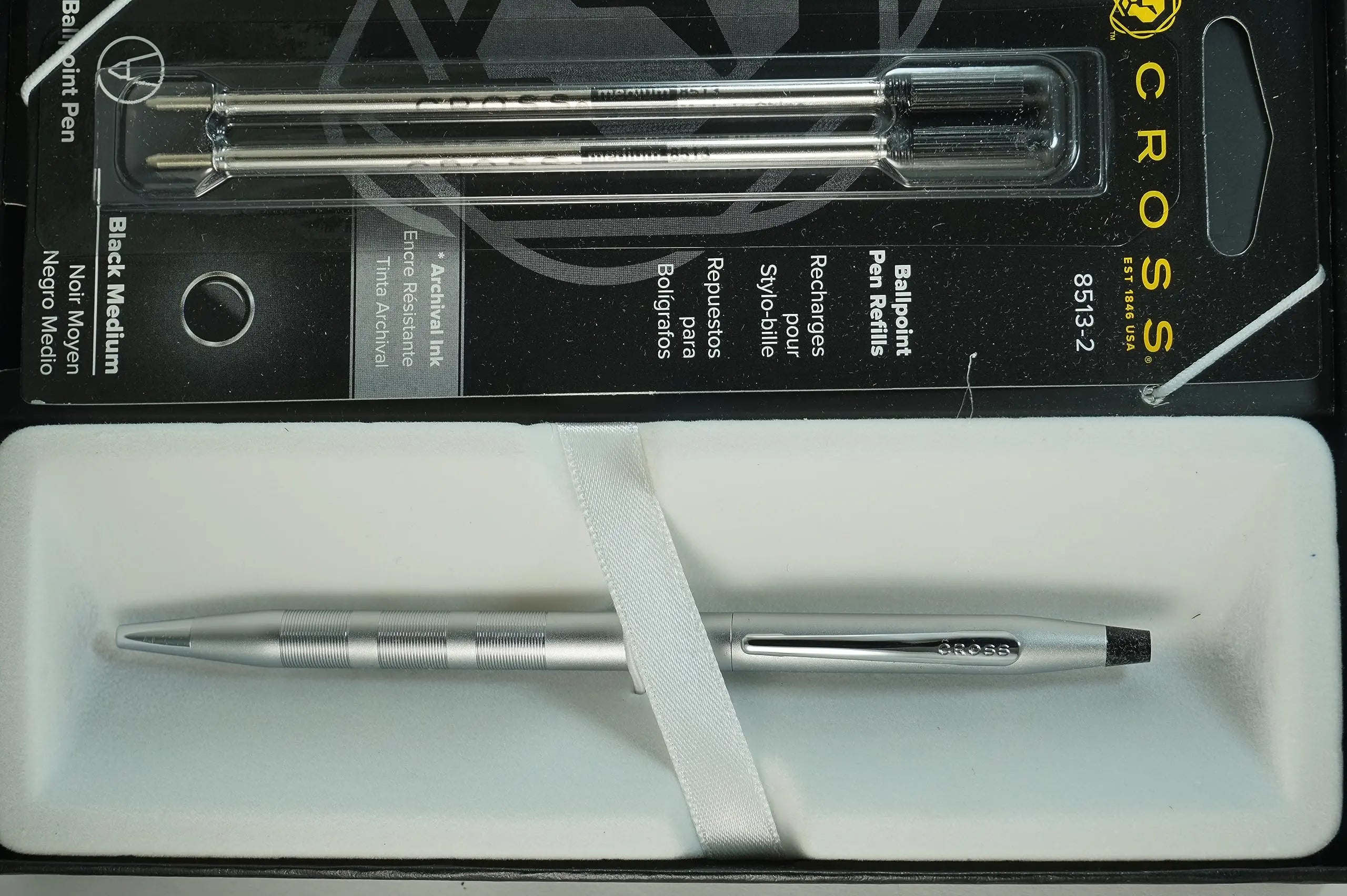 Cross century Classic Satin Barrel with diamond cut engraved detailing grip Ballpoint pen and with Two Bonus Refills in Corporate Gift box Cross