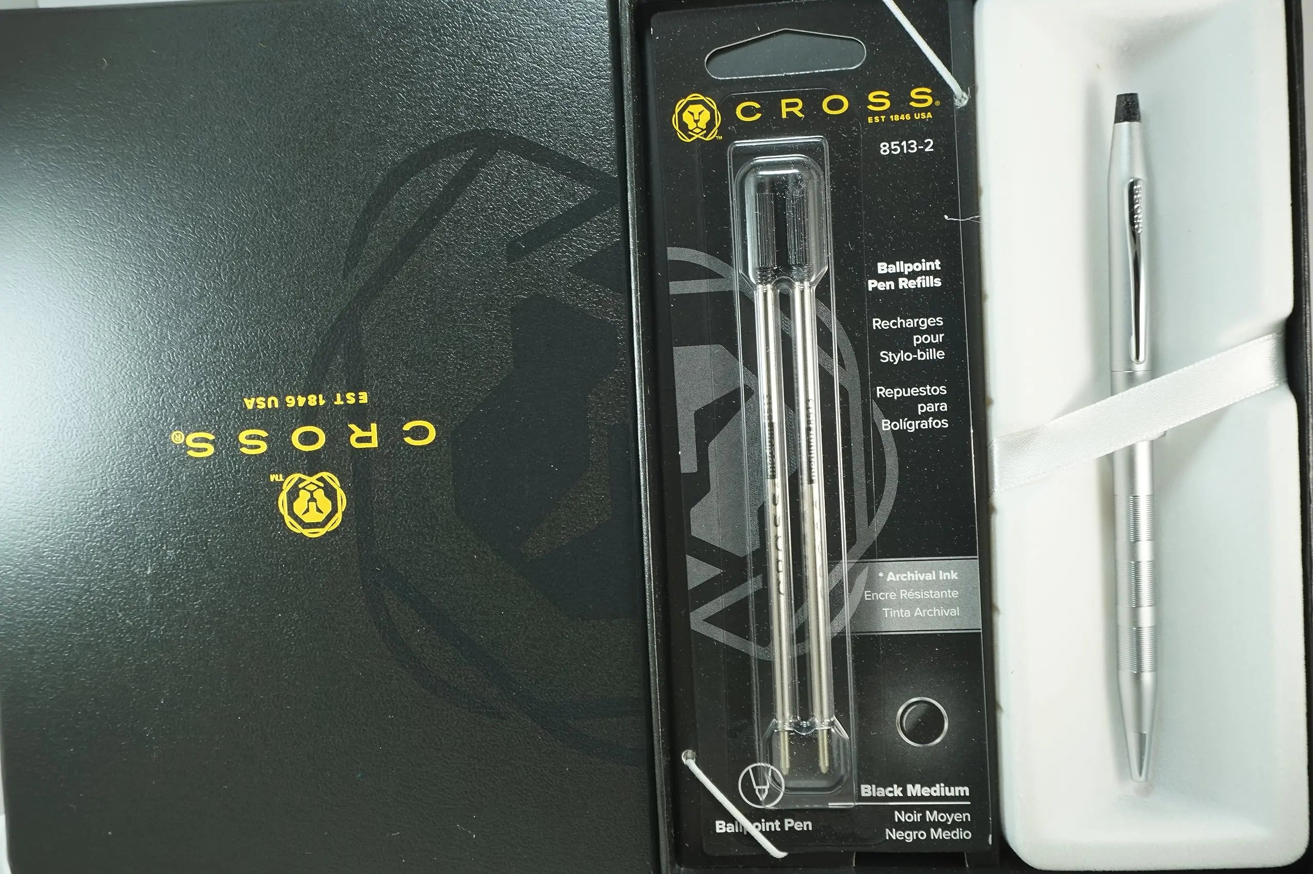 Cross century Classic Satin Barrel with diamond cut engraved detailing grip Ballpoint pen and with Two Bonus Refills in Corporate Gift box Cross