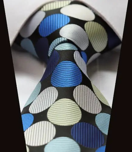 D and T Handmade, Executive Wardrobe Accessory, Navy Blue Beige Polka Dot 3.4" Silk Classic Jacquard Men's Tie Necktie - crosspenmall.com