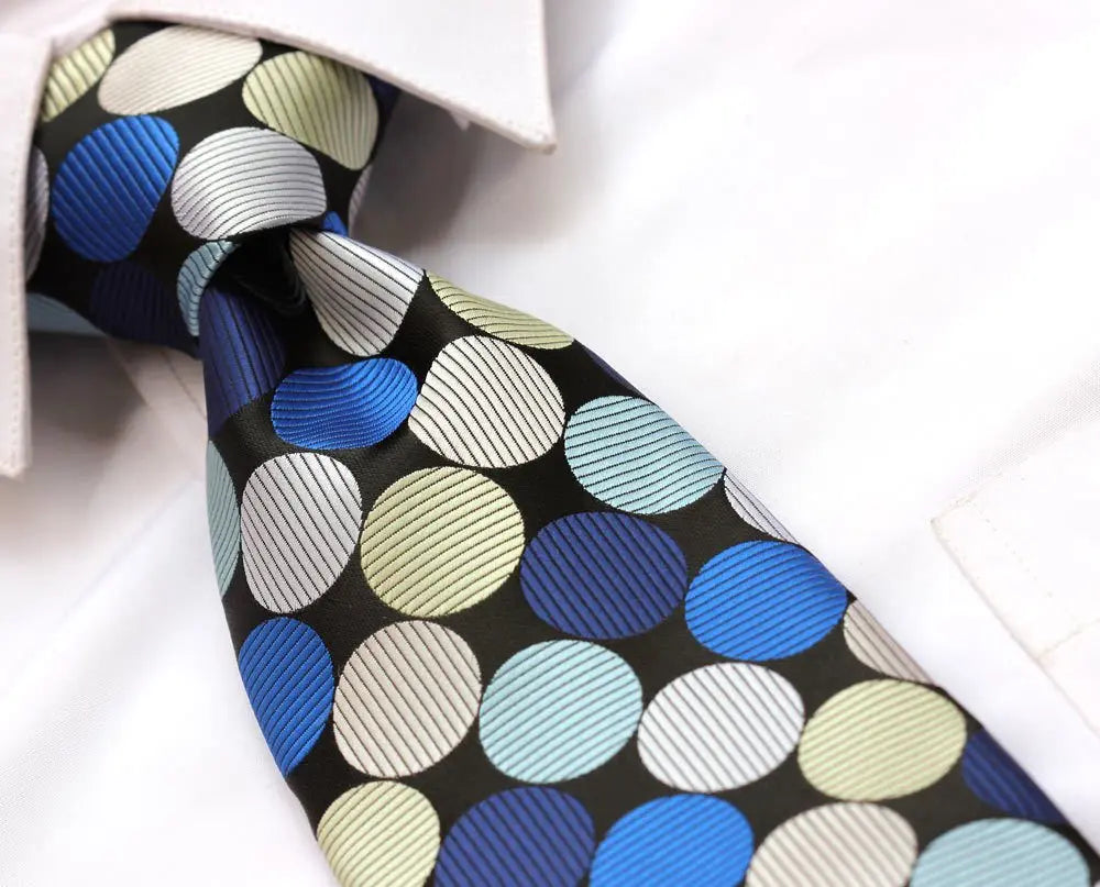 D and T Handmade, Executive Wardrobe Accessory, Navy Blue Beige Polka Dot 3.4" Silk Classic Jacquard Men's Tie Necktie - crosspenmall.com