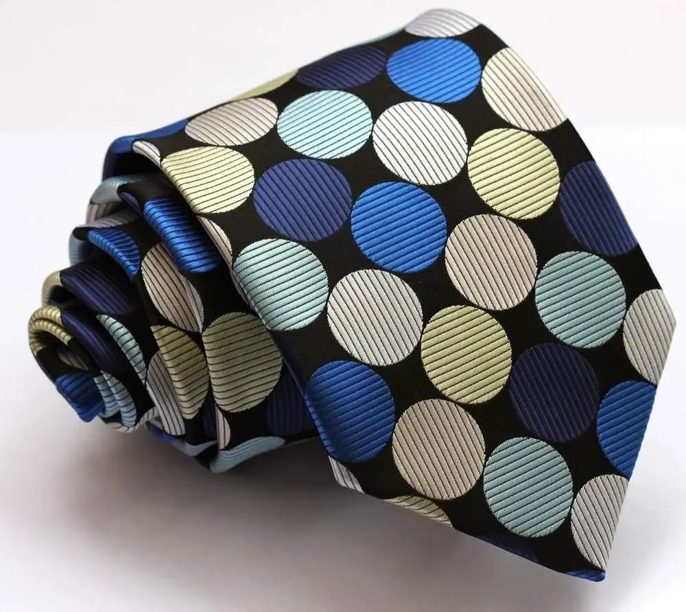 D and T Handmade, Executive Wardrobe Accessory, Navy Blue Beige Polka Dot 3.4" Silk Classic Jacquard Men's Tie Necktie - crosspenmall.com