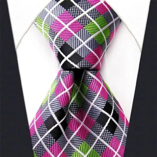 Intrepid Executive Wardrobe Accessory, Handmade 100% Silk Jacquard Woven Gray Pink Green Checked Tie 3.4" Classic Silk Jacquard Men's Necktie Tie - crosspenmall.com