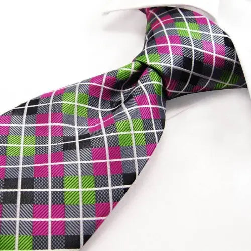 Intrepid Executive Wardrobe Accessory, Handmade 100% Silk Jacquard Woven Gray Pink Green Checked Tie 3.4" Classic Silk Jacquard Men's Necktie Tie - crosspenmall.com