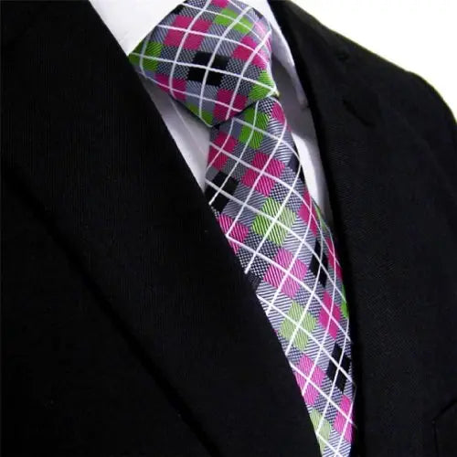 Intrepid Executive Wardrobe Accessory, Handmade 100% Silk Jacquard Woven Gray Pink Green Checked Tie 3.4" Classic Silk Jacquard Men's Necktie Tie - crosspenmall.com