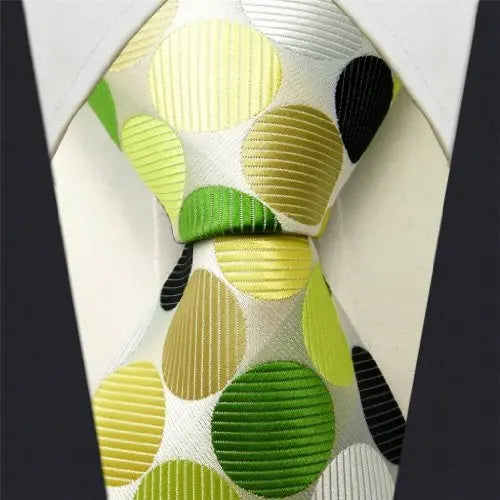Intrepid Executive Wardrobe Accessory, Handmade 100% Silk Jacquard Woven White, Yellow, Green, and Black Colors Polka Dot 3.4" Classic Silk Jacquard Men's Necktie Tie - crosspenmall.com
