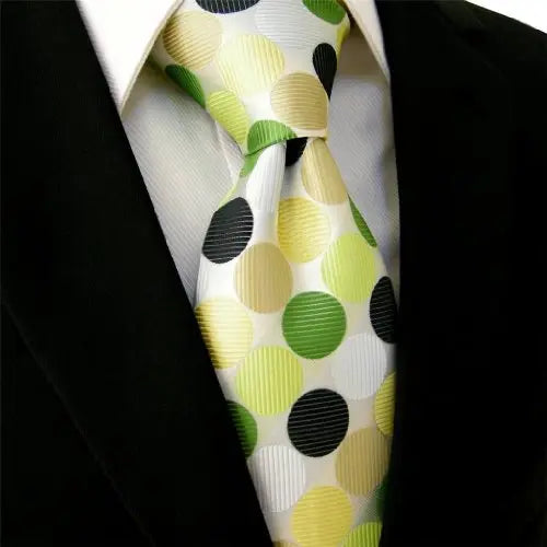 Intrepid Executive Wardrobe Accessory, Handmade 100% Silk Jacquard Woven White, Yellow, Green, and Black Colors Polka Dot 3.4" Classic Silk Jacquard Men's Necktie Tie - crosspenmall.com