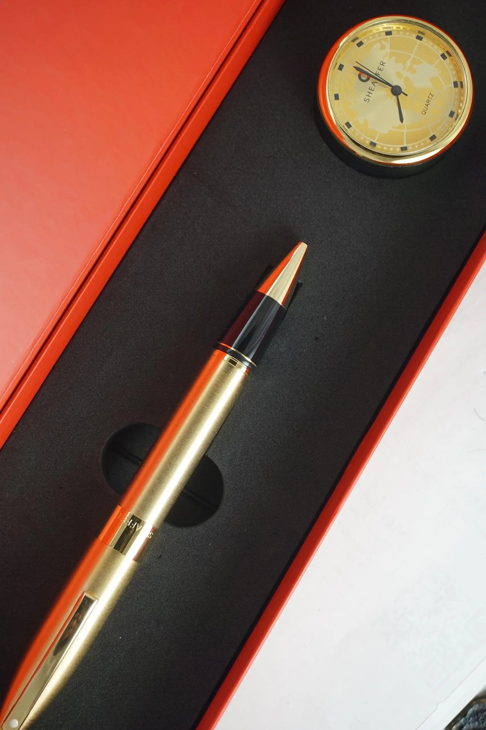 Made in Germany Sheaffer Legacy Heritage 22KT Gold Rollerball Pen and Matching Gold Sheaffer desk Clock Combo Cross