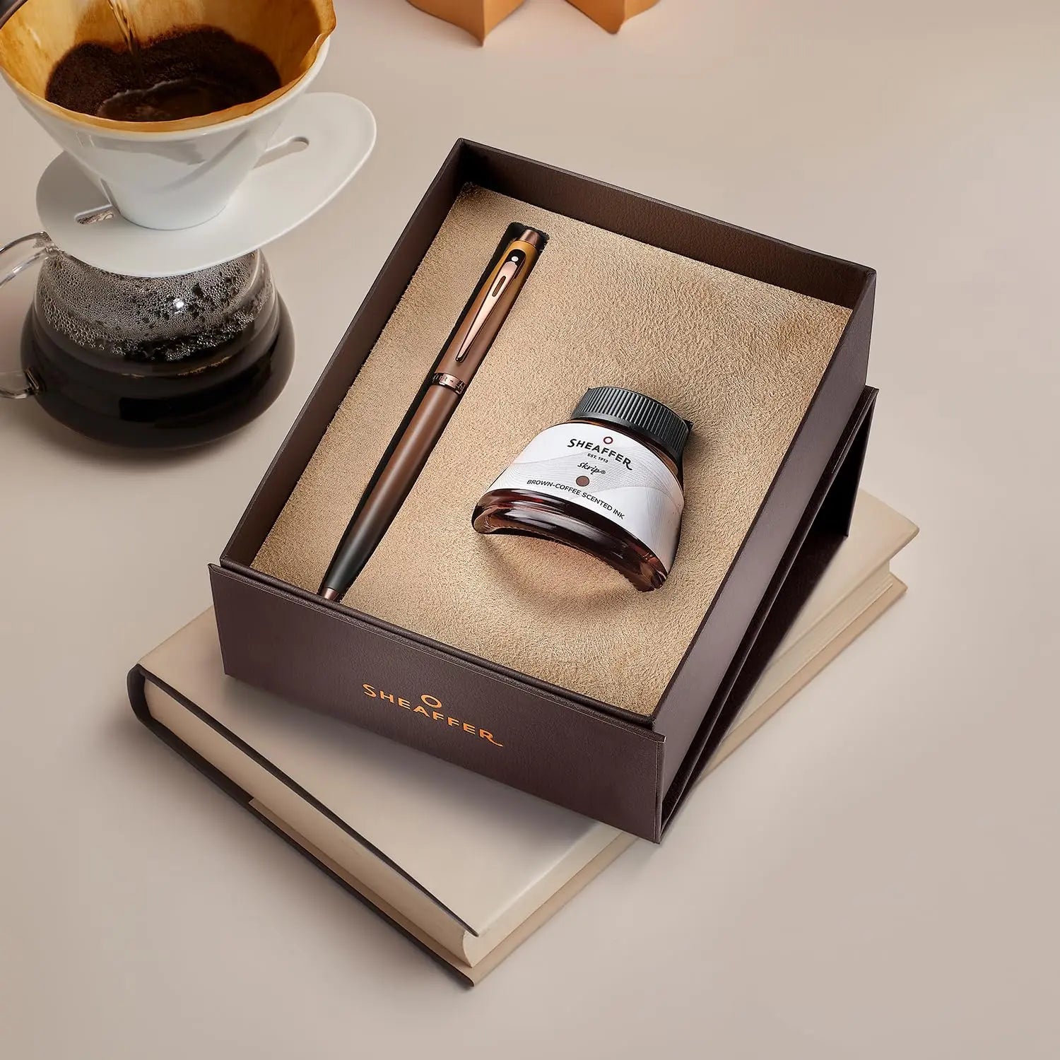Sheaffer 100 Fountain Pen, Coffee Edition Matt Brown with Regal Brown PVD Trims and Coffee Scented Bottled Ink Sheaffer