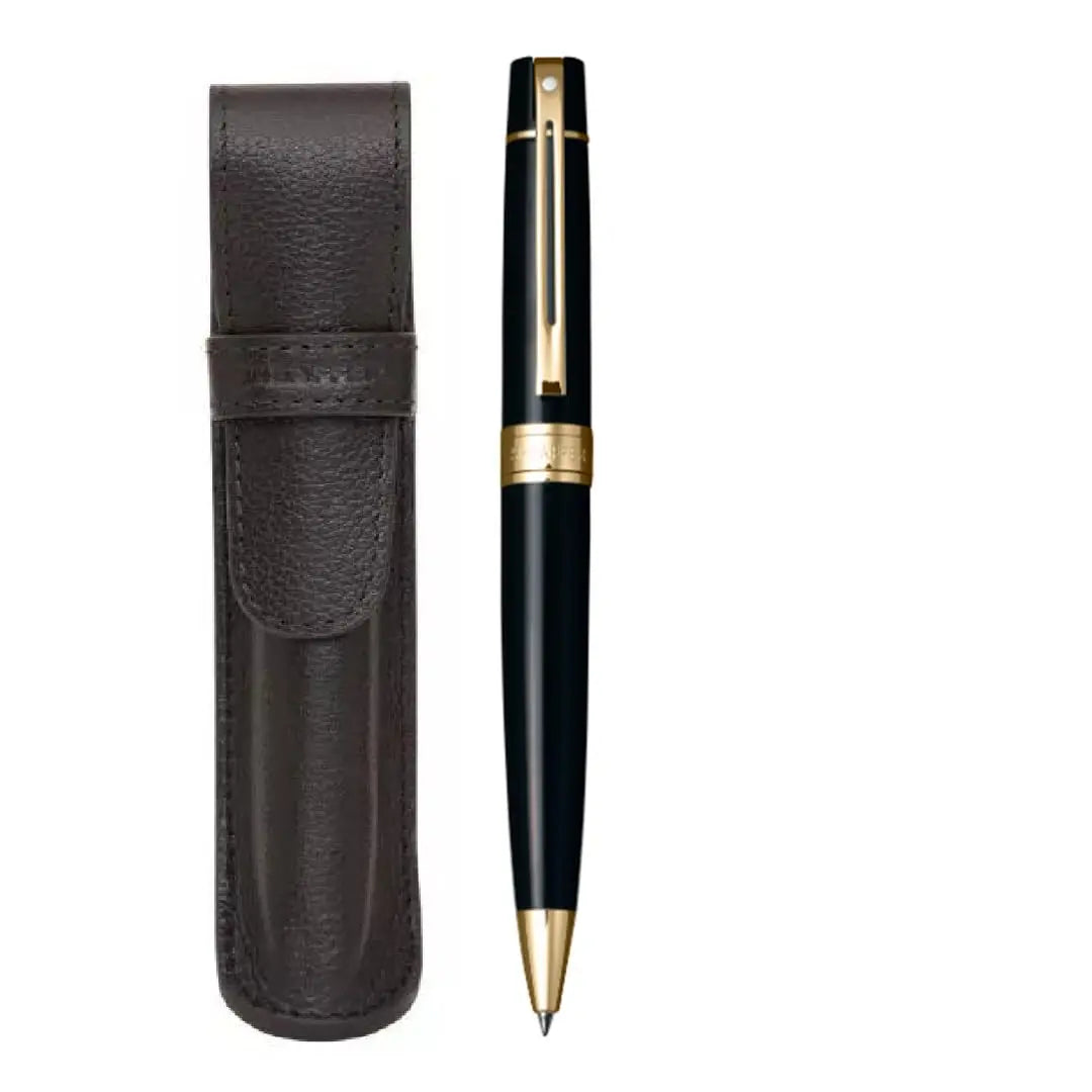 Sheaffer 300 Glossy black with Gold Trim Pen and Leather Pouch Gift Set Sheaffer
