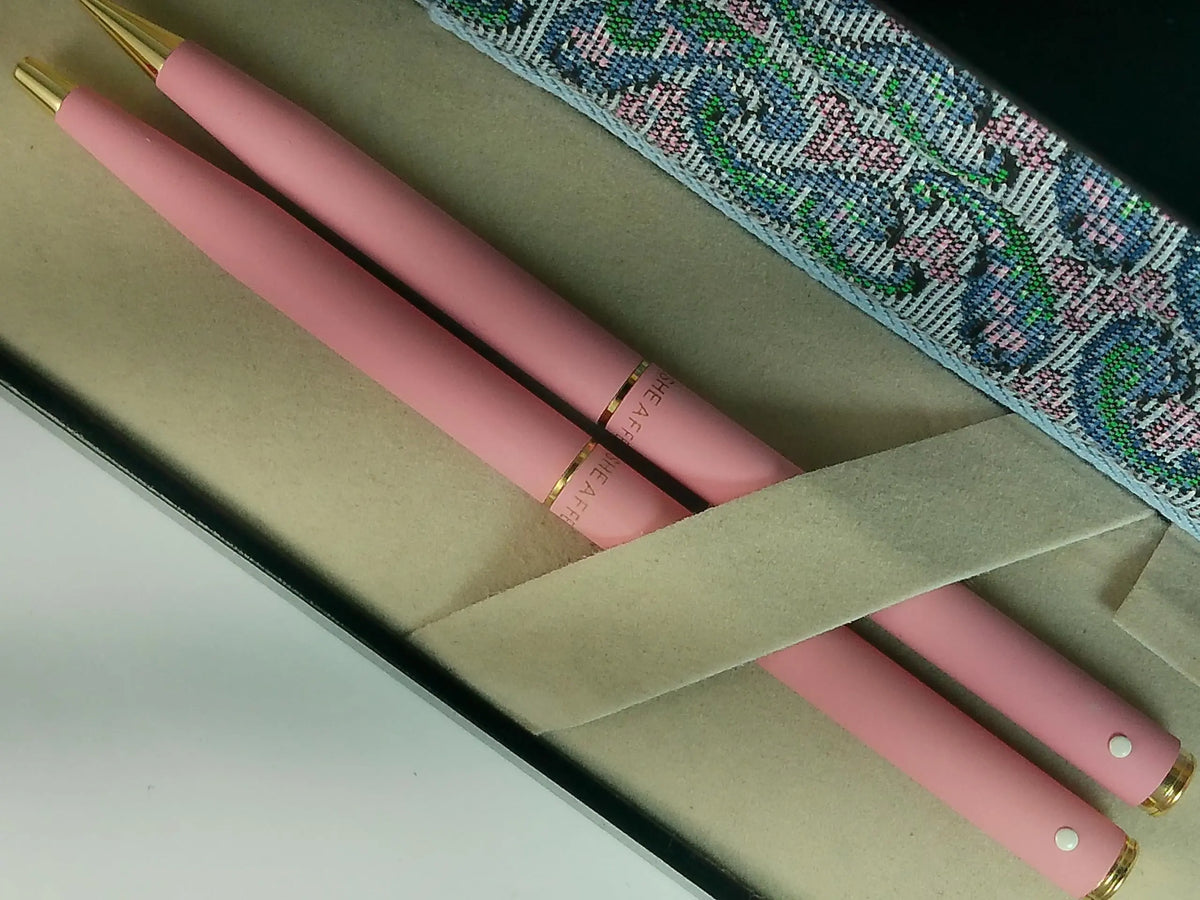 Sheaffer Cross Made in the USA Signature Classic Fashion Matte Tender Pink Rose with 22KT Gold Appointments ballpoint Pen and Pencil Set with matching pen case cross