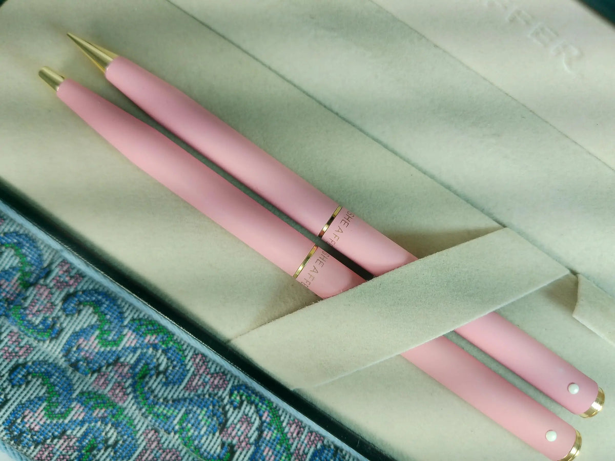 Sheaffer Cross Made in the USA Signature Classic Fashion Matte Tender Pink Rose with 22KT Gold Appointments ballpoint Pen and Pencil Set with matching pen case cross