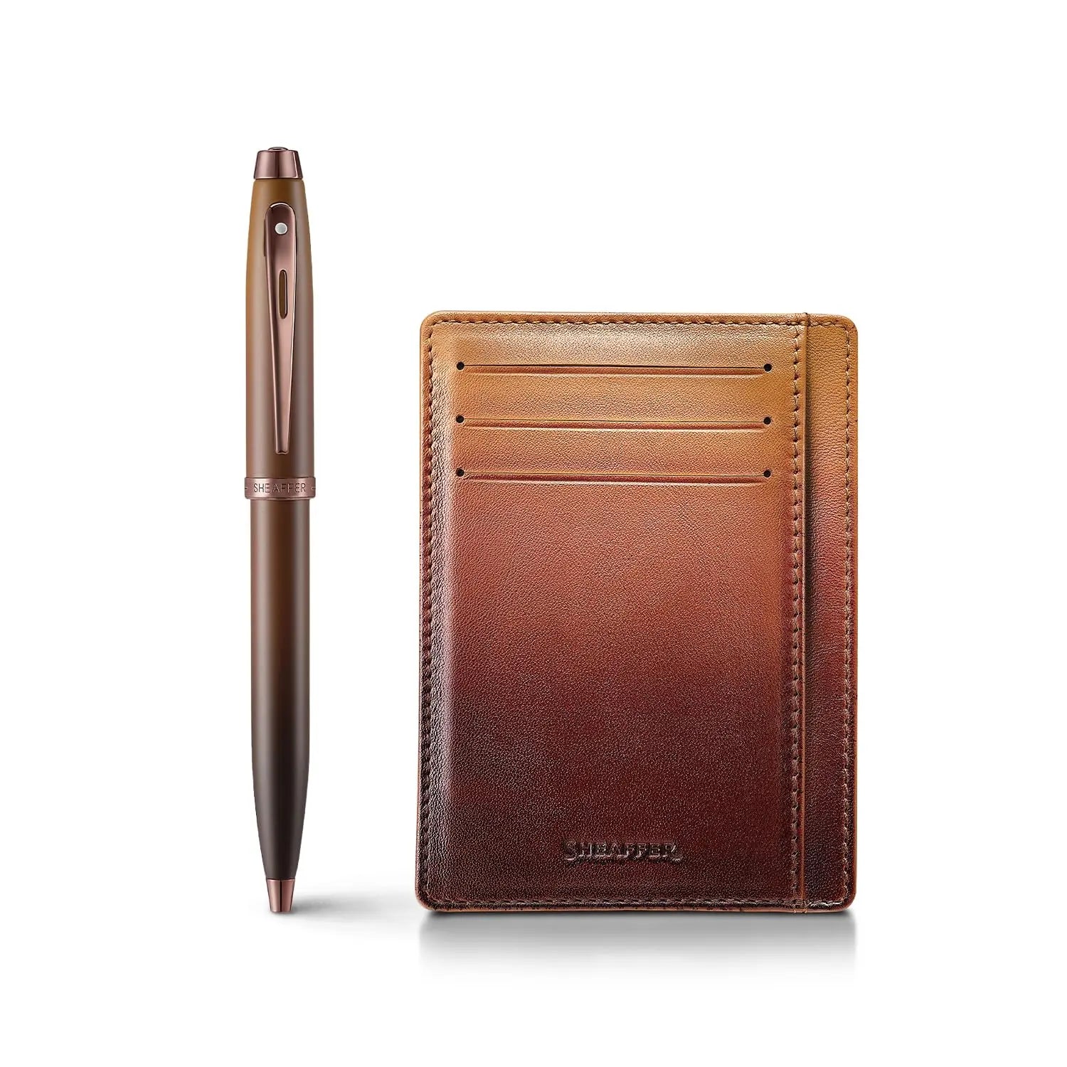Sheaffer Gift Set 100 9374 Coffee Edition Ballpoint Pen with Regal Brown PVD Trims and Credit Card Holder - Matt Brown Sheaffer