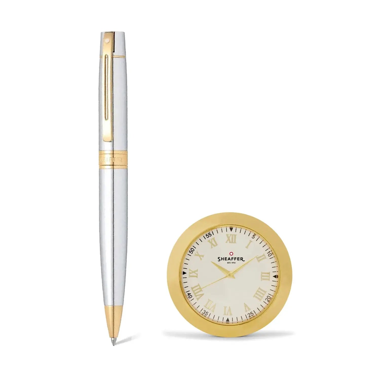 Sheaffer Gift Set ft. Bright Chrome 300 Ballpoint Pen with Gold Trims and Table Clock - My Store