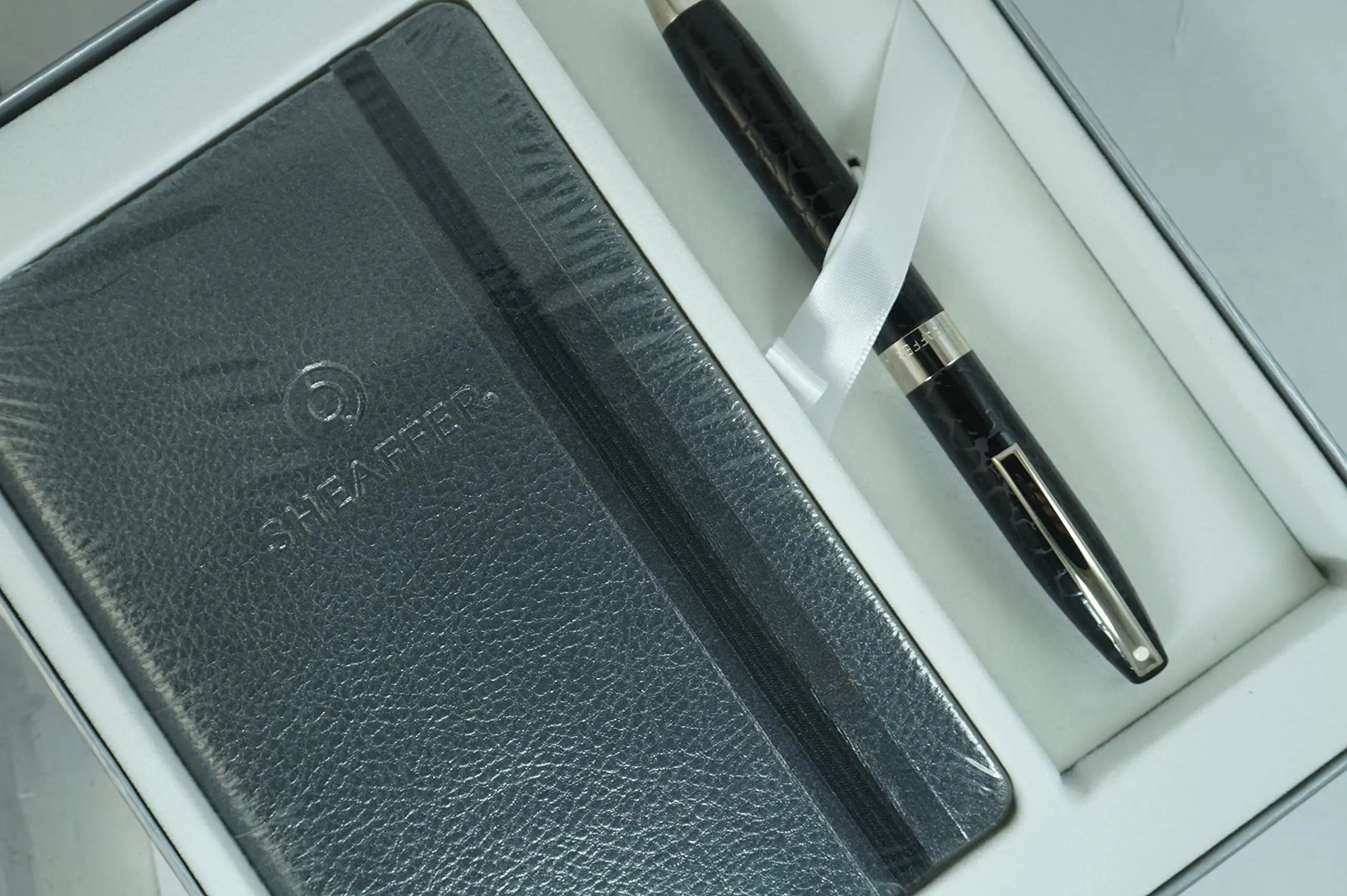 Sheaffer Hand made in USA Legacy Heritage Look of Leather Formal Black barrel and Palladium Appointments Ballpoint pen and Matching Journal set - crosspenmall.com
