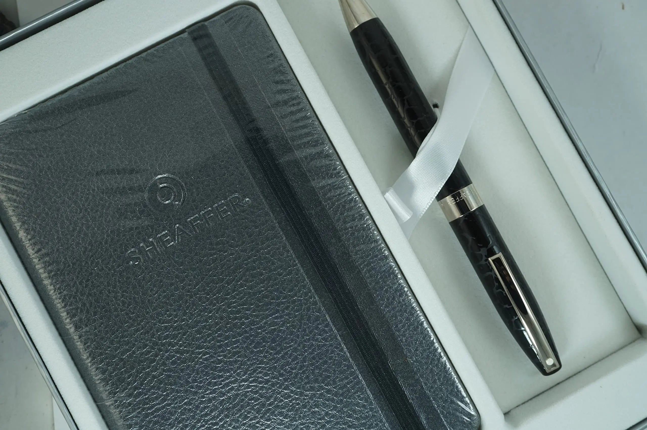 Sheaffer Hand made in USA Legacy Heritage Look of Leather Formal Black barrel and Palladium Appointments Ballpoint pen and Matching Journal set - crosspenmall.com