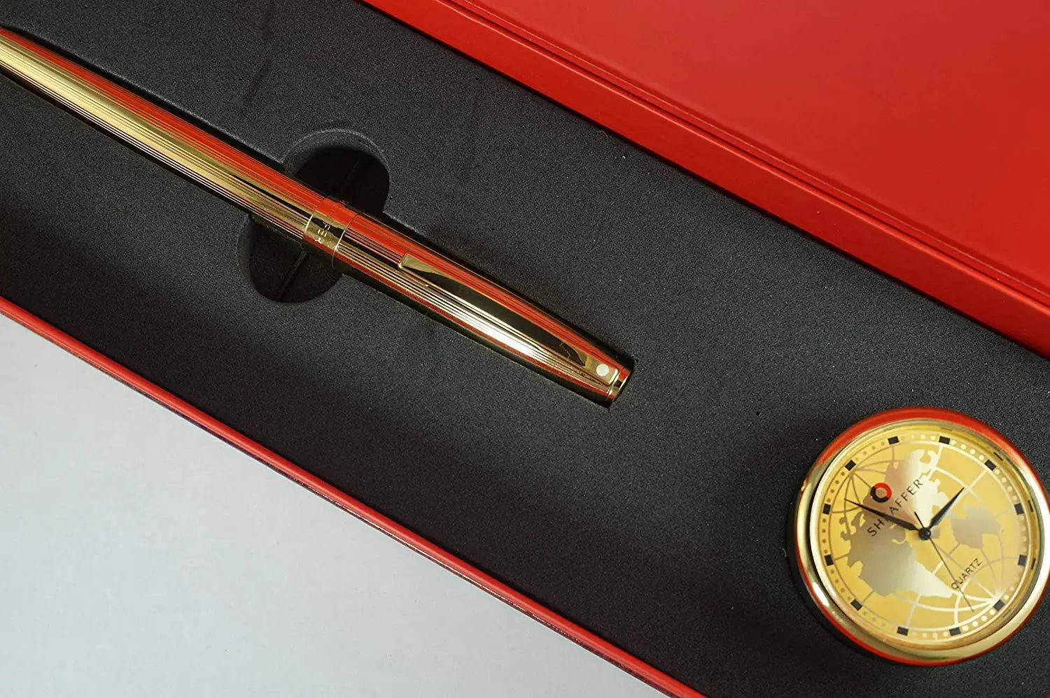 Sheaffer Sagaris 23KT Gold Medium Point Fountain Pen with 22KT Gold barrel and appointments and Matching Desk Clock - crosspenmall.com