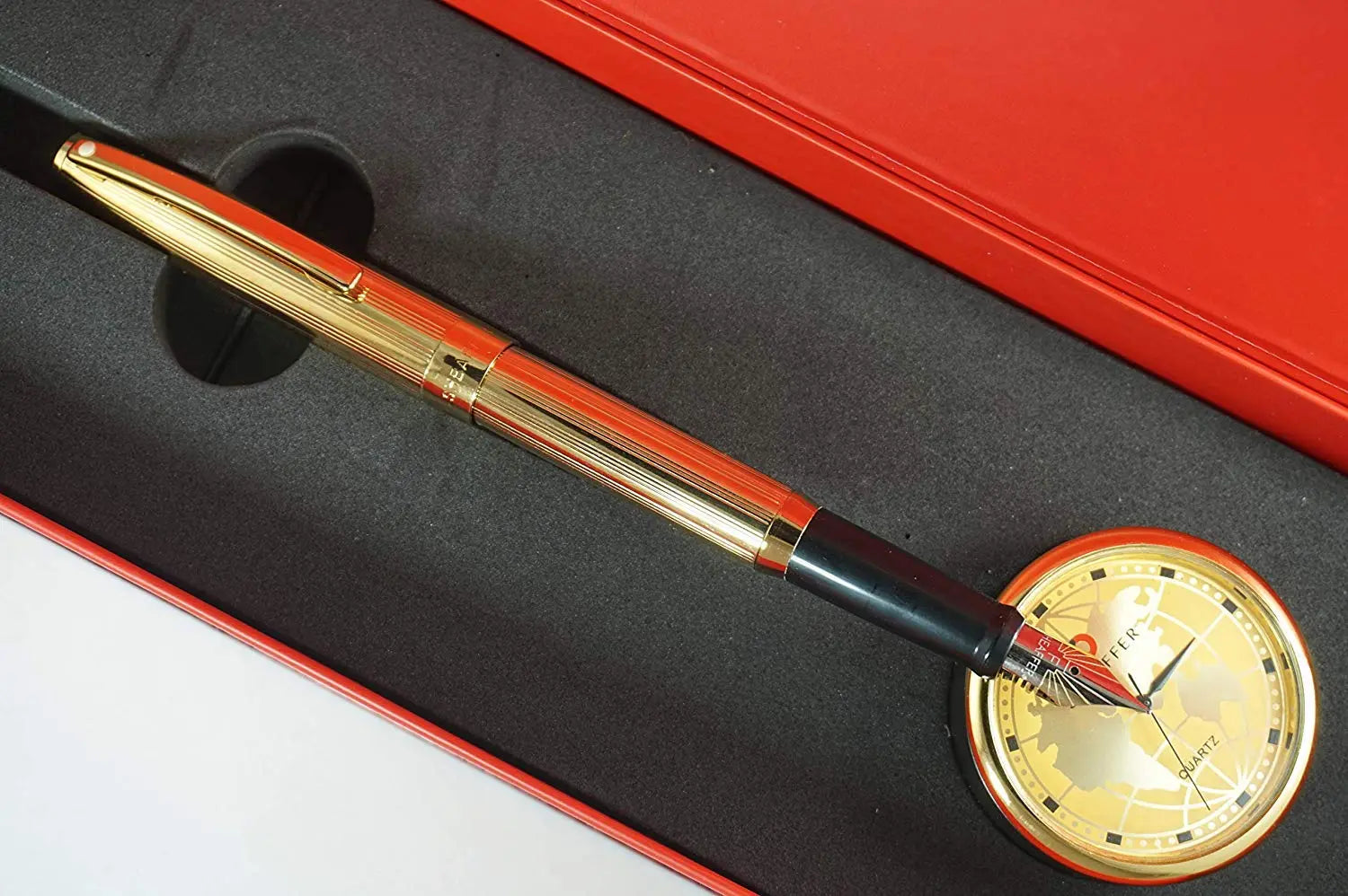 Sheaffer Sagaris 23KT Gold Medium Point Fountain Pen with 22KT Gold barrel and appointments and Matching Desk Clock - crosspenmall.com