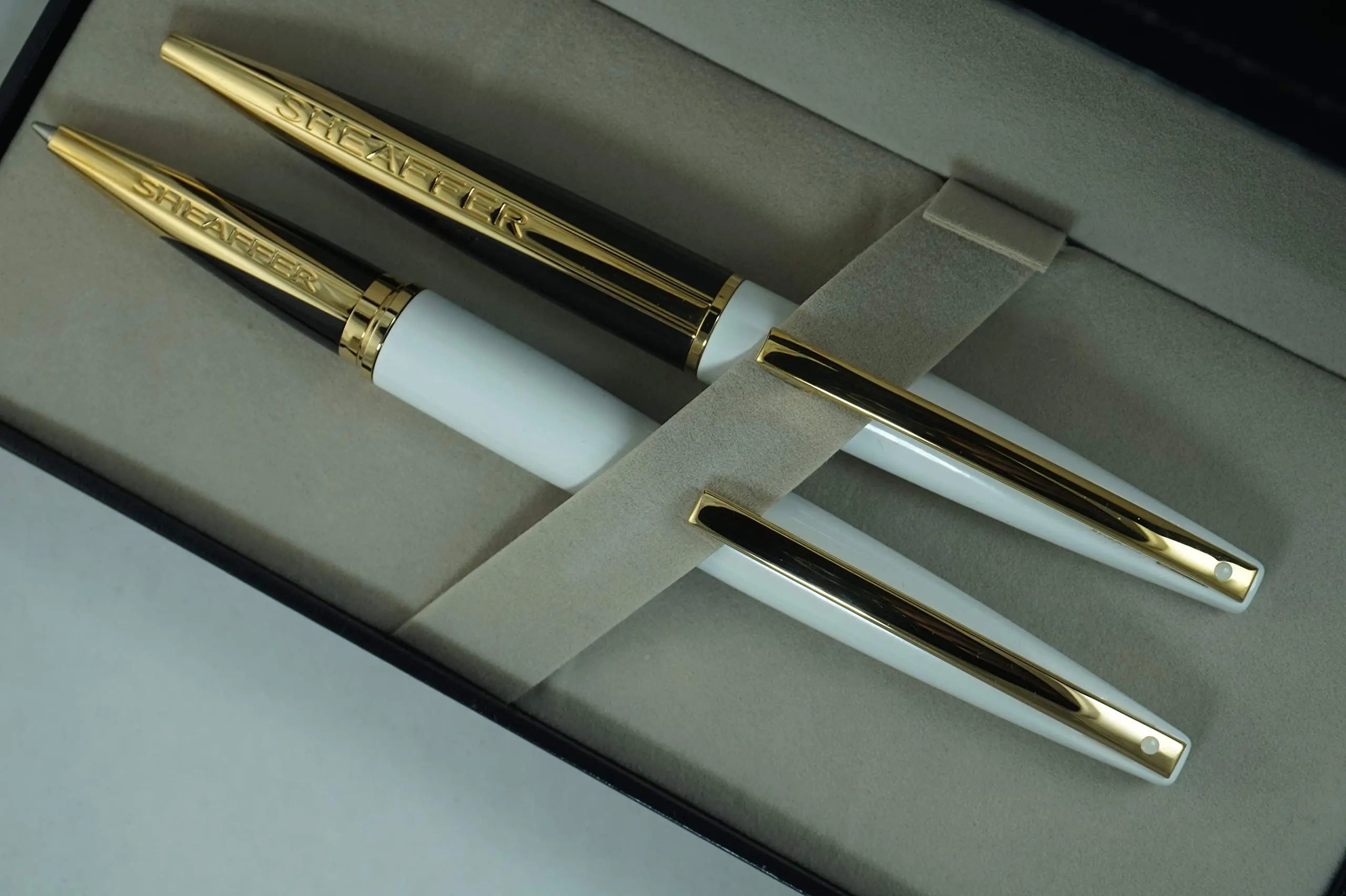 Sheaffer Taranis Aerodynamic Power, Sleek Style and Patent-pending Gripping Section Stormy White, and 22KT Gold Trim Accent Rollerball and Ballpoint Pens set Sheaffer