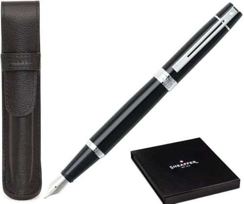 Sheaffer 300 Glossy Black Pen with Chrome-Plated Trim and Matching Pouch gift Set (Fountain, Fine nib) Sheaffer