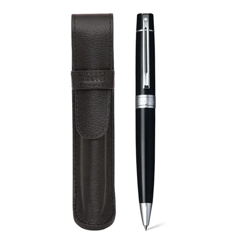 Sheaffer 300 Glossy Black Pen with Chrome-Plated Trim and Matching Pouch gift Set (Ballpoint) - crosspenmall.com