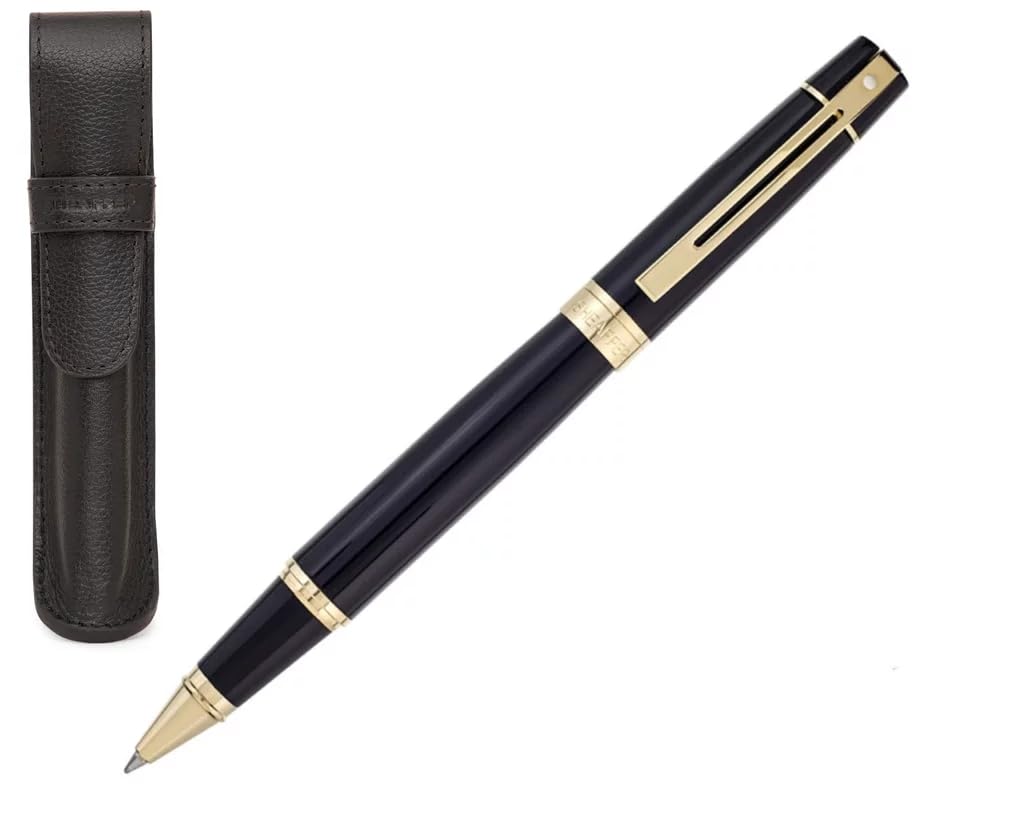 Sheaffer 300 Glossy black with Gold Trim Pen and Leather Pouch Gift Set (Rollerball) Sheaffer