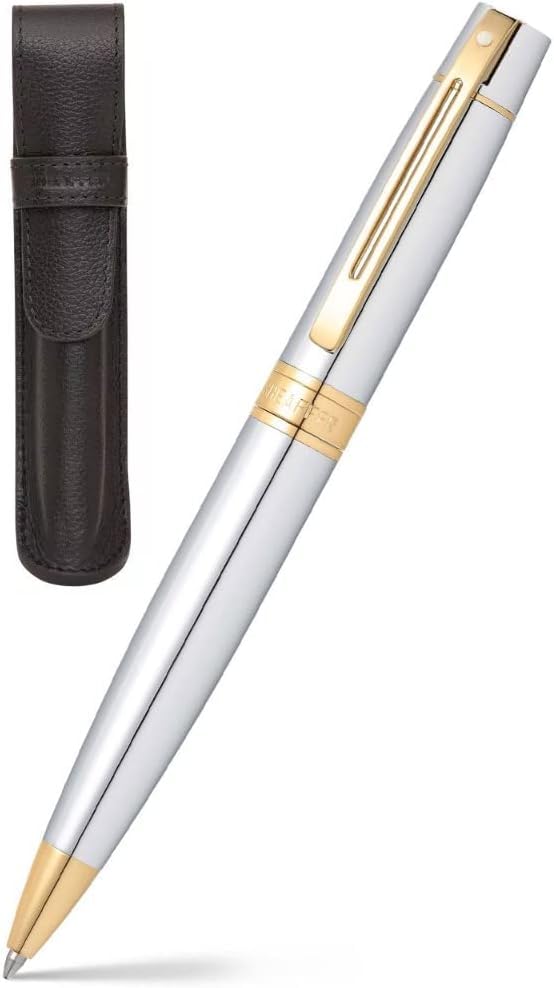 Sheaffer 300 Chrome with Gold Trim Pen and Leather Pouch Gift Set Sheaffer