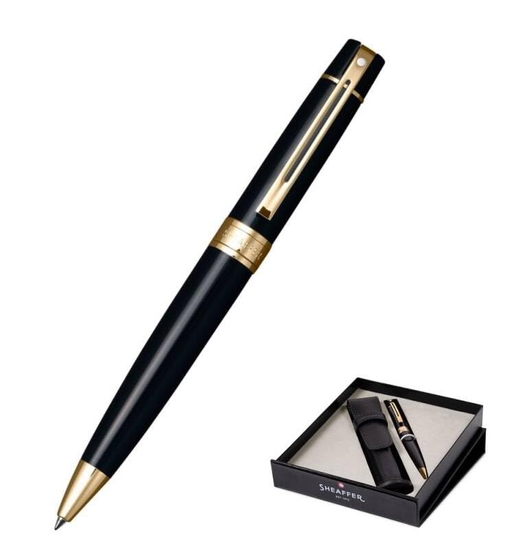 Sheaffer 300 Glossy black with Gold Trim Pen and Leather Pouch Gift Set Sheaffer