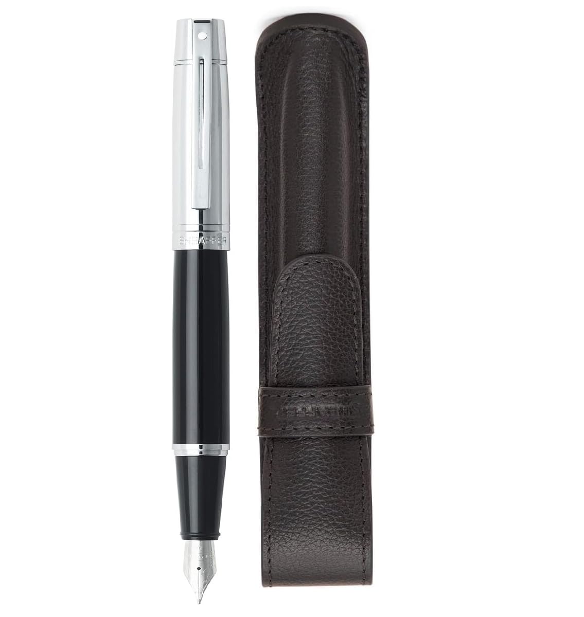 Sheaffer 300 Glossy Black Fountain Pen with Bright Chrome Cap, Chrome-Plated Trim and Matching Pouch gift Set Sheaffer