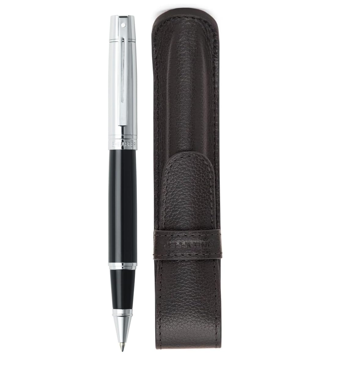 Sheaffer 300 Glossy Black Fountain Pen with Bright Chrome Cap, Chrome-Plated Trim and Matching Pouch gift Set Sheaffer