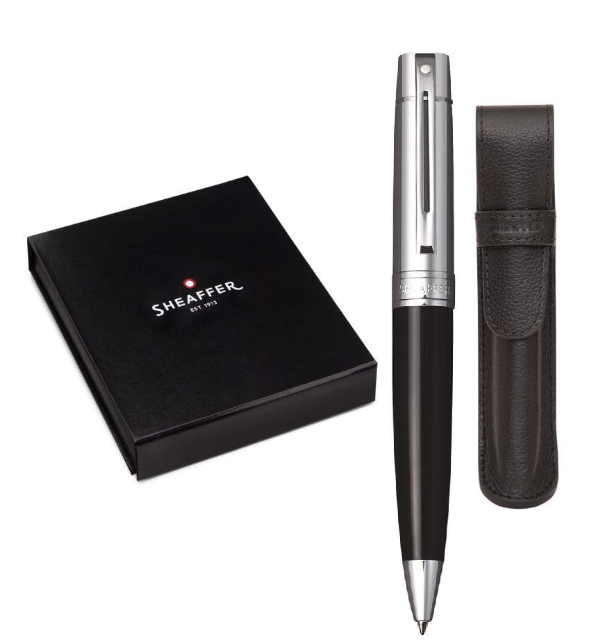 Sheaffer 300 Glossy Black Fountain Pen with Bright Chrome Cap, Chrome-Plated Trim and Matching Pouch gift Set Sheaffer