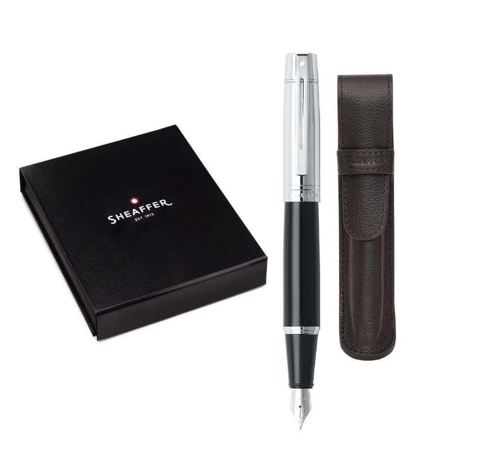 Sheaffer 300 Glossy Black Fountain Pen with Bright Chrome Cap, Chrome-Plated Trim and Matching Pouch gift Set Sheaffer