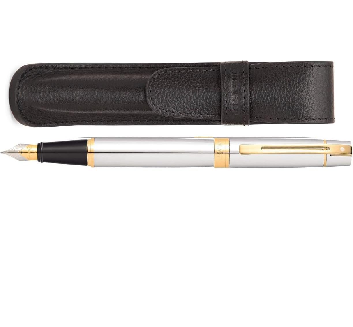 Sheaffer 300 Chrome with Gold Trim Pen and Leather Pouch Gift Set Sheaffer