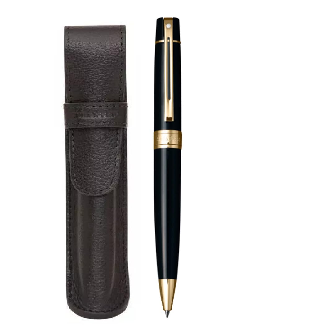 Sheaffer 300 Glossy black with Gold Trim Pen and Leather Pouch Gift Set Sheaffer