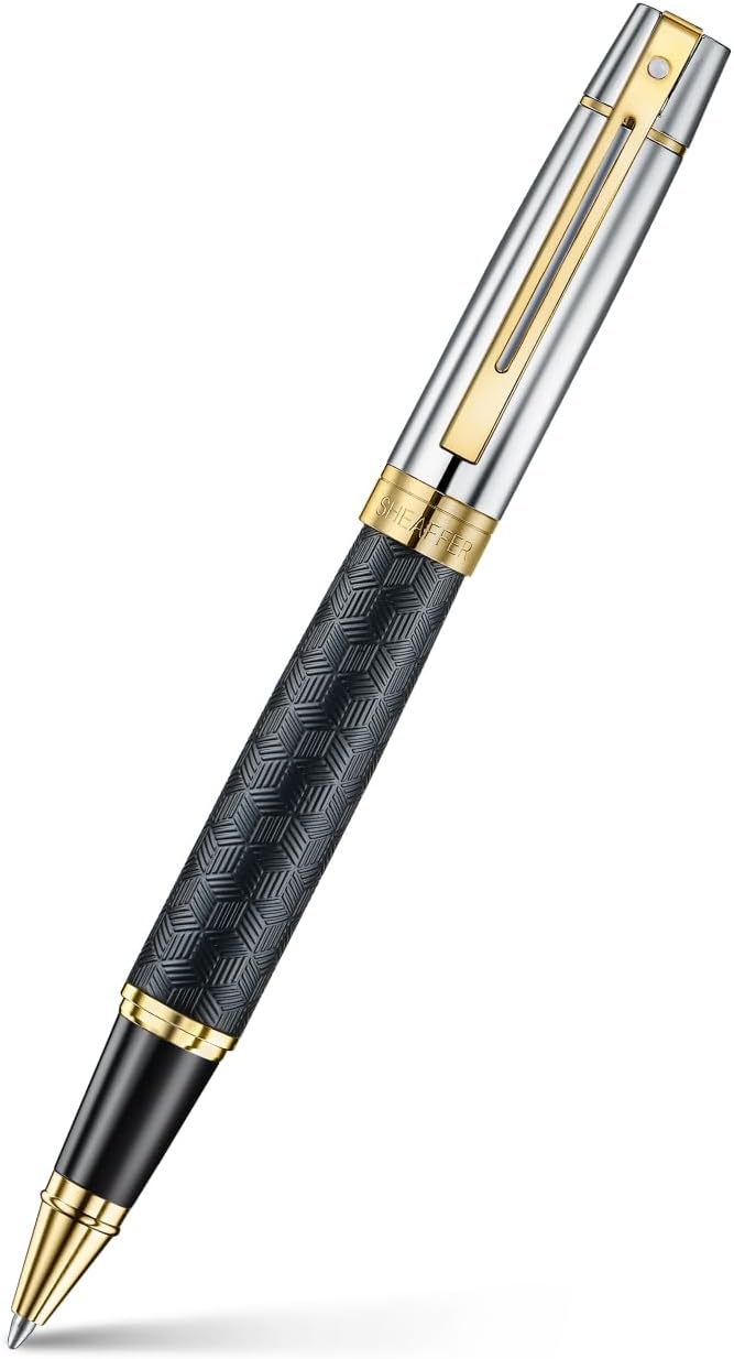 Sheaffer 300 Ballpoint Pen | E9347 Engraved Matt Black Barrel and Shiny Chrome Cap with PVD Gold Trims | Premium Ballpoint Pen Sheaffer