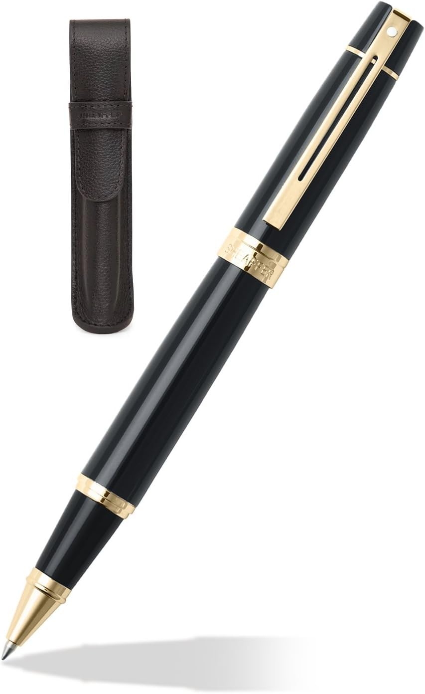 Sheaffer 300 Glossy black with Gold Trim Pen and Leather Pouch Gift Set (Rollerball) Sheaffer