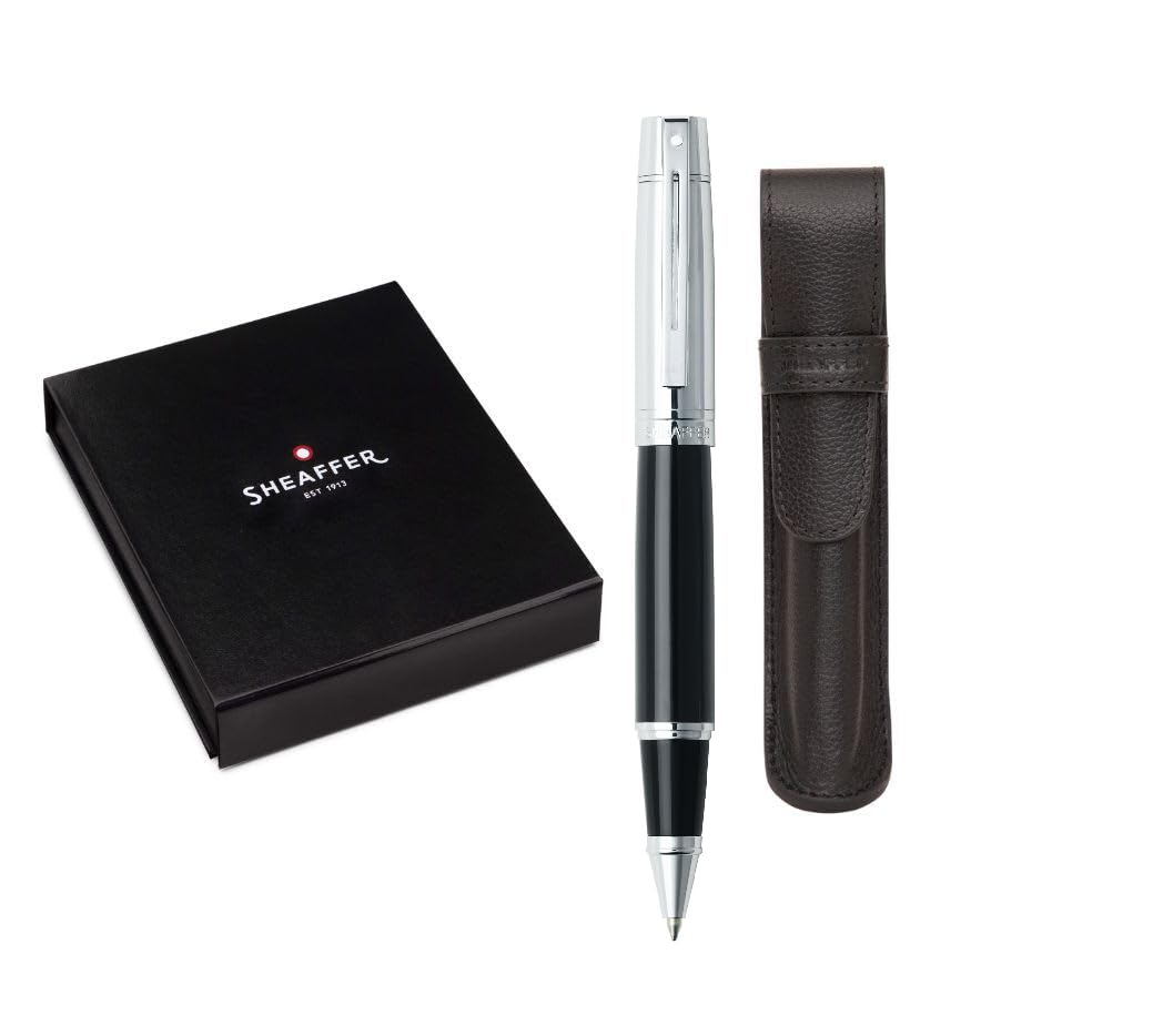 Sheaffer 300 Glossy Black Fountain Pen with Bright Chrome Cap, Chrome-Plated Trim and Matching Pouch gift Set Sheaffer