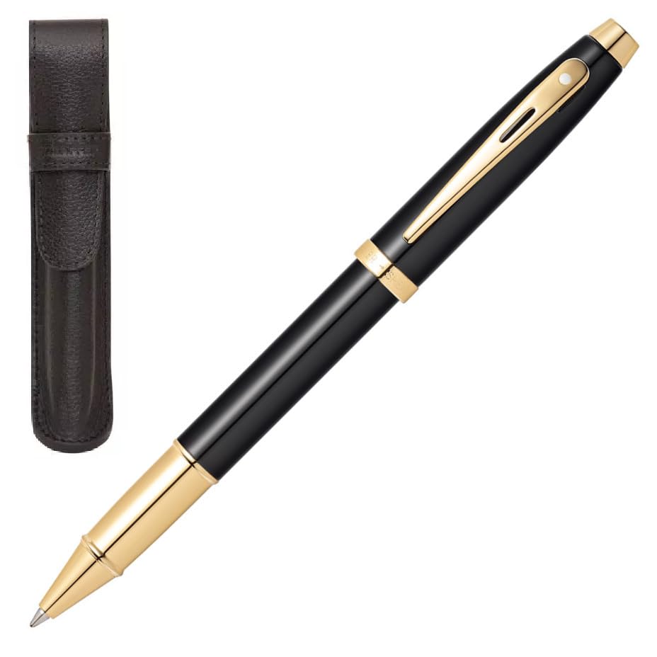 Sheaffer 100 Black Lacquer with Signature gold mid band and Gold plated Appointments Rollerball pen and Pouch Sheaffer